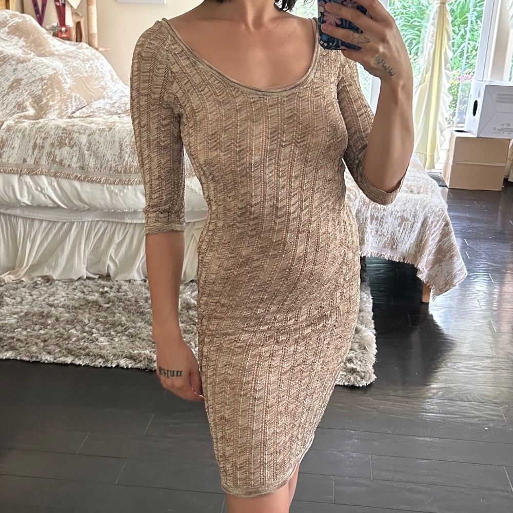 Neutral Knit Bodycon Midi Dress Lined 3/4 Sleeve XS